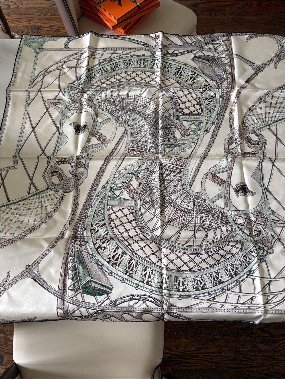 Hermes Ivory, Green & Brown Silk Scarf - Architectural Motif